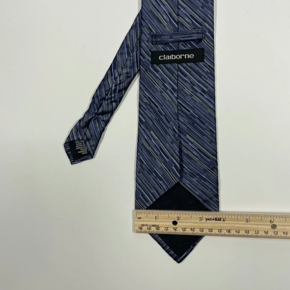 Claiborne Blue Grey Silk Geometric Striped Necktie Mens One Size